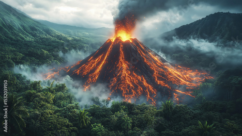 an erupting volcano in a tropical rainforest, with vivid red lava contrasting against lush green vegetation and mist