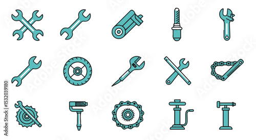 Collection of teal colored bicycle repair tools icons.