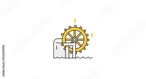 A stylized illustration of a waterwheel generating electricity.