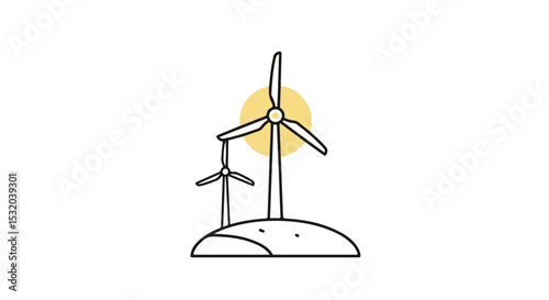Two wind turbines on a small hill with a yellow sun in the background.