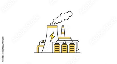 Industrial power plant with smoke emission and energy symbol. 