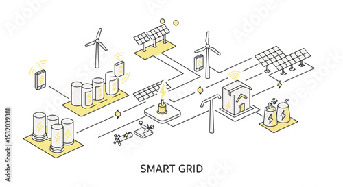 Smart grid isometric illustration showing renewable energy sources, energy storage, and smart devices.