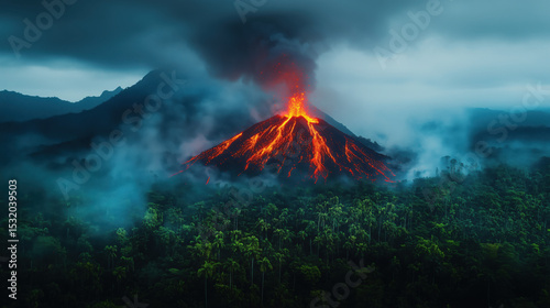 an erupting volcano in a tropical rainforest, with vivid red lava contrasting against lush green vegetation and mist