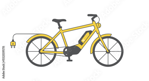A yellow electric bicycle with charging cable.
