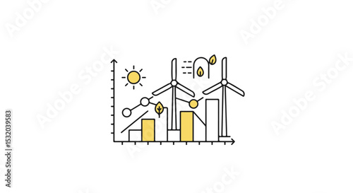 Wind turbines and the sun integrated into a graph, symbolizing sustainable development and clean energy.