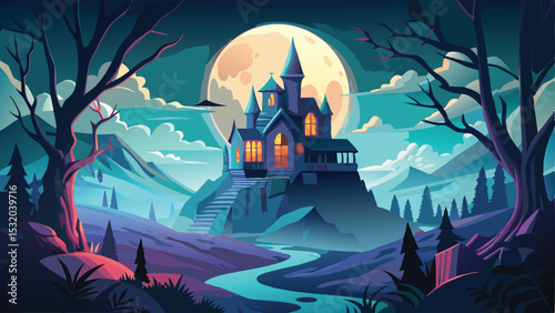 Spooky Halloween night landscape with a haunted castle, moon, and bats flying over dark hills
