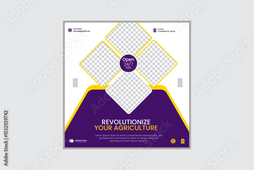Lawn mower and gardening service social media banner. Tree plantation and landscaping advertisement template design with green and blue color. Garden care and lawn mower promotion poste
