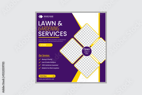 Lawn mower and gardening service social media banner. Tree plantation and landscaping advertisement template design with green and blue color. Garden care and lawn mower promotion poste