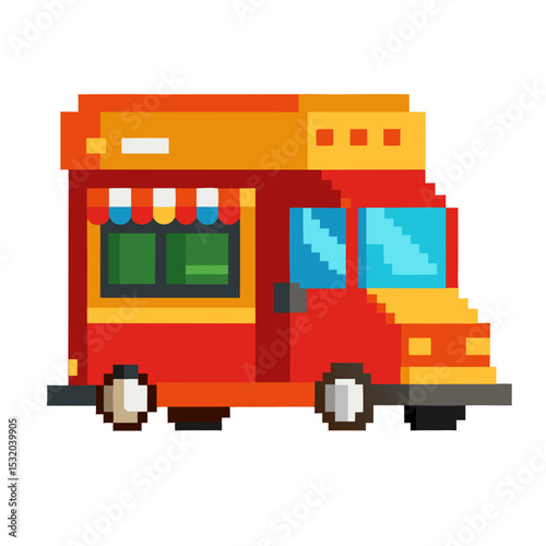 Food truck in pixel art style in colorful design, street cuisine culture