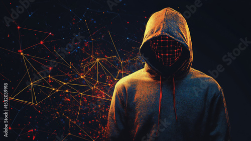 Hacker are planning to hack and attack networks and cyber security systems and stands on the peak of success amid tall, innovative Smart city and graphs with statistics to analyze business potential