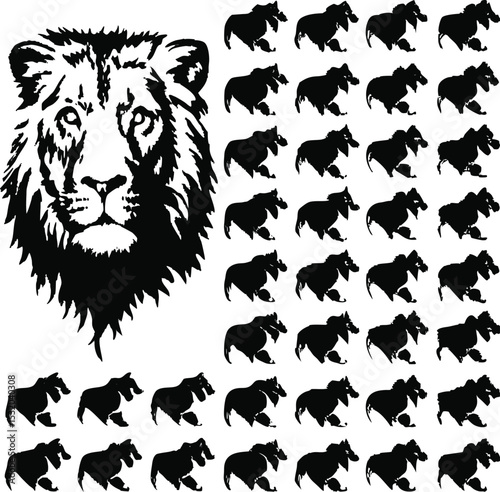 A majestic black and white lion head portrait and a repeated pattern of running lion silhouettes on a clean white background for design applications