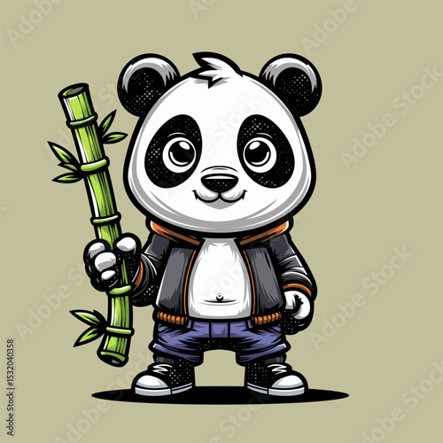 Cute Little Panda with Bamboo Cartoon