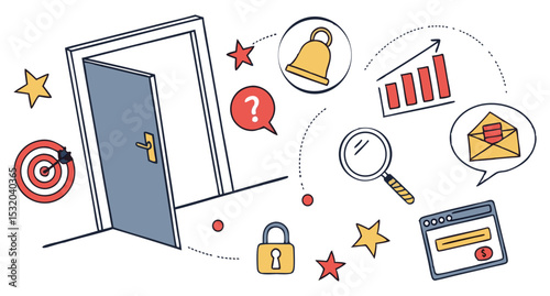 Business strategy icons with open door, marketing, growth, security, analytics