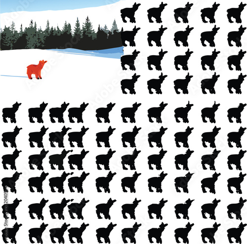 A solitary orange ram stands out against a backdrop of a snowy winter landscape with a multitude of black ram silhouettes symbolizing diversity and patterns.