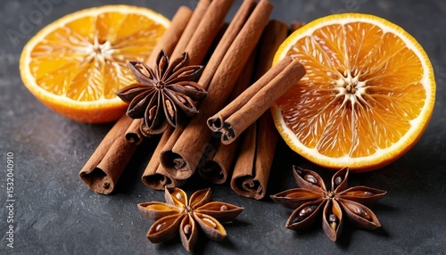 Dried orange slices, cinnamon sticks, and star anise arranged on a dark surface, creating a warm, festive, and aromatic display. AI generated.
