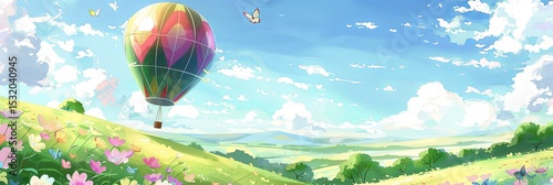 Spring landscape with the sun and clouds. Colorful hot air balloon floating over the vibrant green meadows