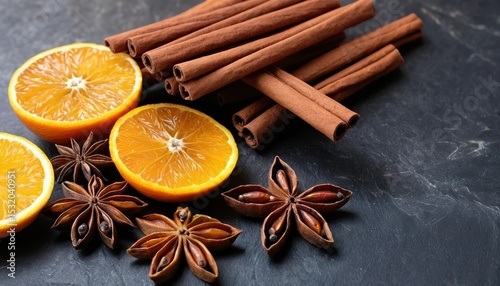Dried orange slices, cinnamon sticks, and star anise arranged on a dark surface, creating a warm, festive, and aromatic display. AI generated.
