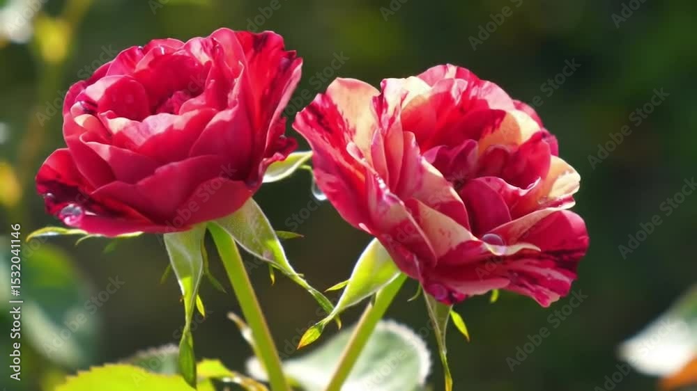 Time-Lapse of Two Chameleon Roses Blooming. A Close-Up of Unfurling Petals with Morning Dew. The Beauty of Roses in Natural, Warm Sunlight. A Duo of Glistening Chameleon Flowers Maturing. Time-Lapse of Two Chameleon Roses Blooming. A Close-Up of Unfurling Petals with Morning Dew. The Beauty of Roses in Natural, Warm Sunlight. A Duo of Glistening Chameleon Flowers Maturing.