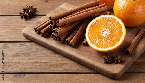 Dried orange slices, cinnamon sticks, and star anise arranged on a dark surface, creating a warm, festive, and aromatic display. AI generated.
