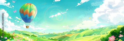 Spring landscape with the sun and clouds. Colorful hot air balloon floating over the vibrant green meadows