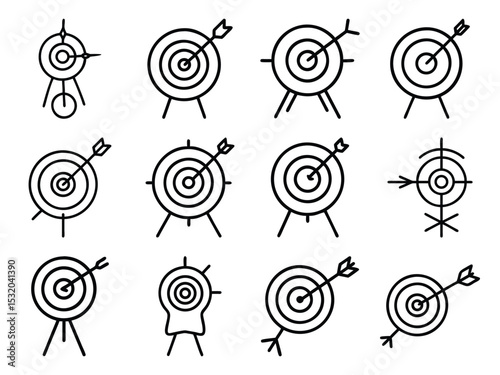 Collection of Bullseye and Target Silhouettes with Arrows in Minimal Line Style on White Background – Archery Icons, Goal Hitting Vector Set for Strategy and Success Concepts

