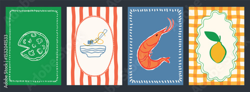 Hand drawn italian food poster. Dolce vita Italy postcards. Chalk crayon sketch dish with pizza, pasta, mediterranean seafood, lemon, shrimps for menu, cafe, flat wall art. Doodle vector illustration.