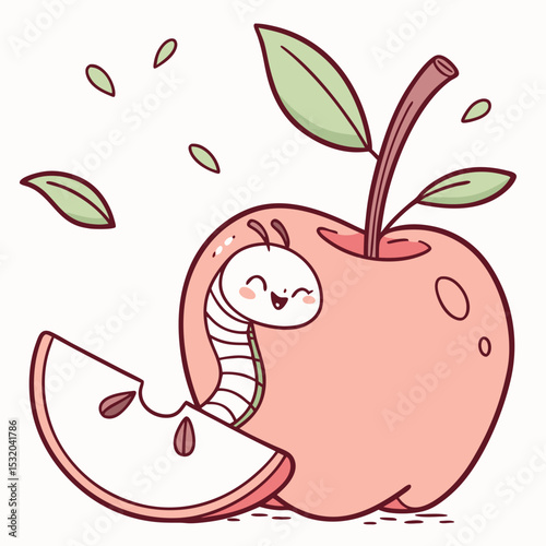 Apple Clipart with cute worm peeking out