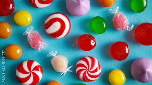 Colorful assortment of candies on a blue surface