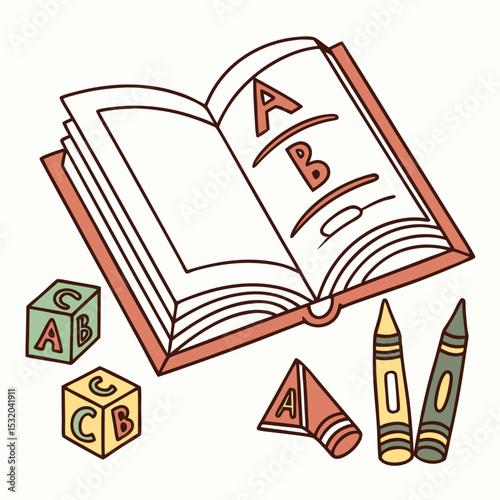 Book clipart with alphabet blocks and crayons
