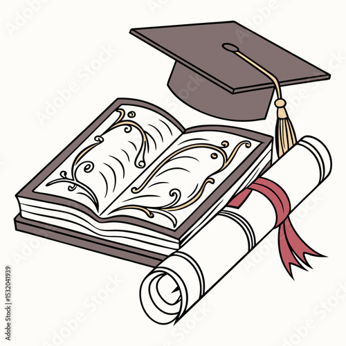 Book clipart with graduation cap and diploma scroll