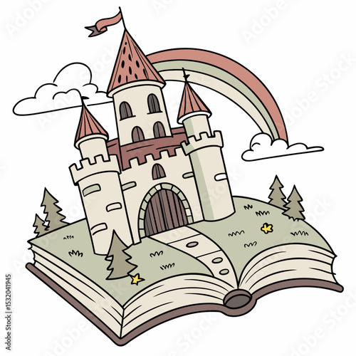 Book clipart with fairy tale castle emerging from inside