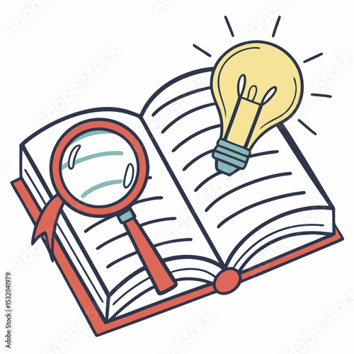 Book clipart with magnifying glass and light bulb for research concept