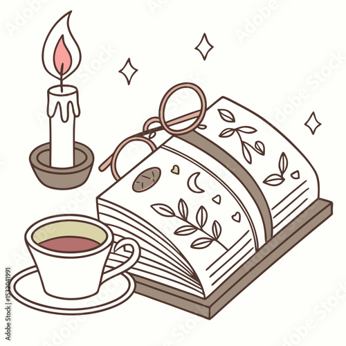 Book clipart with reading glasses, candle and cup of tea