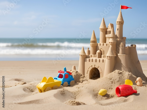 sandcastle and toys on the beach