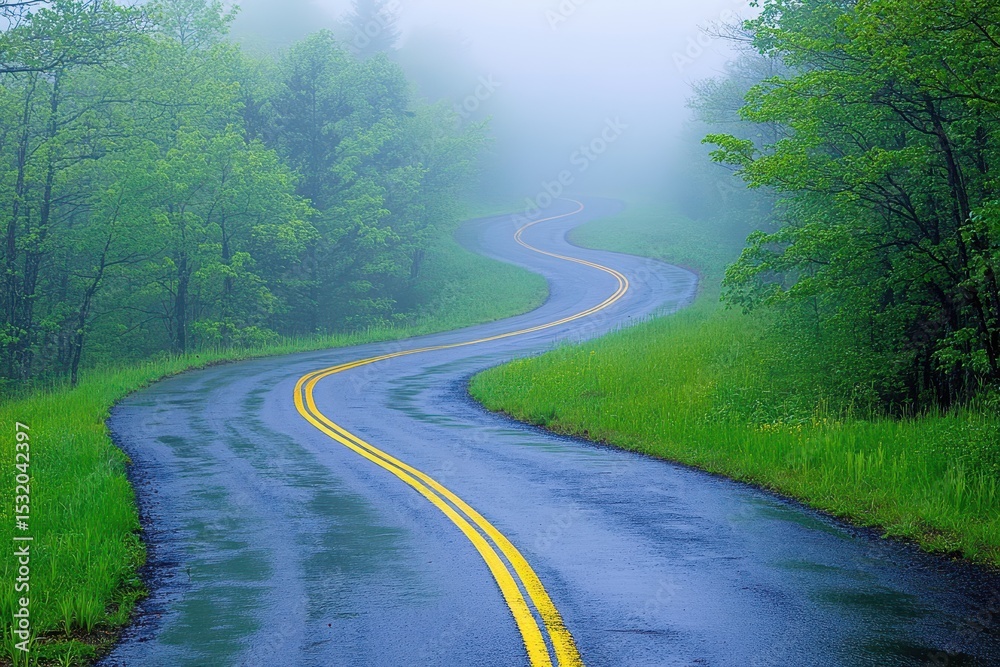 Fototapeta premium Winding road through a misty landscape.