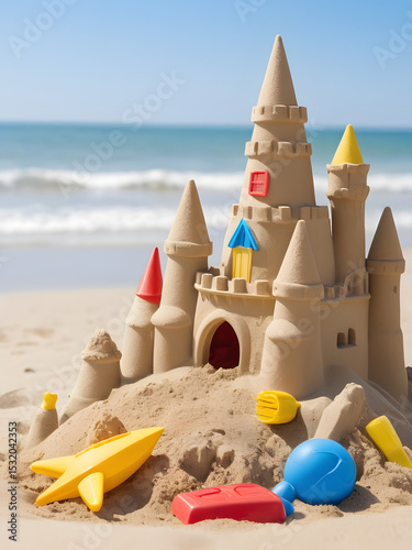 sandcastle and toys on the beach