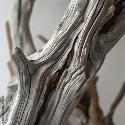 Close-up of weathered driftwood with muted, silvery grayish tones, pronounced grain texture resembling the wisps of aged paper, and deep, organic cracks that enhance its rustic, time-worn character