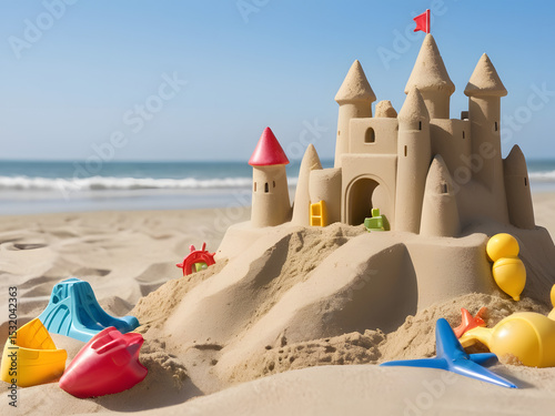 sandcastle and toys on the beach