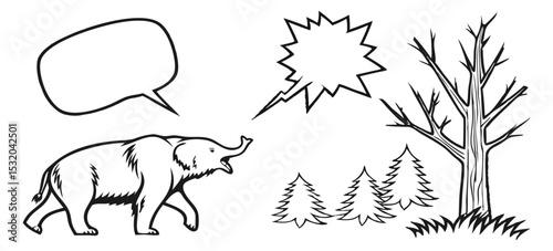 Elephant speaking with blank speech bubble in forest scene