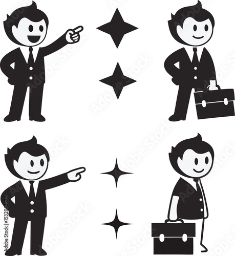 Businessman character posing in different situations featuring a briefcase pointing and smiling in a clean black and white illustration