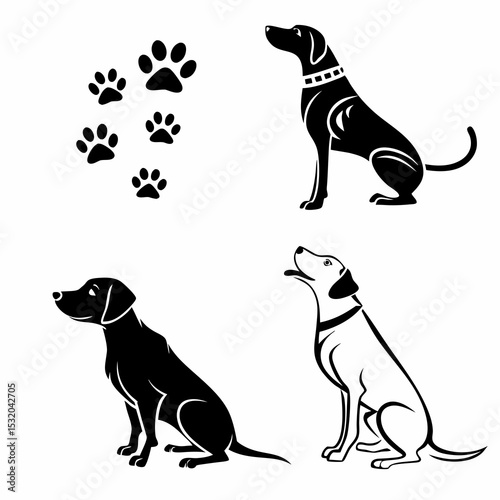 Minimalist Dog Clipart set featuring various dog silhouettes in black and white