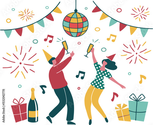 Festive celebration with dancing, champagne, and party decorations