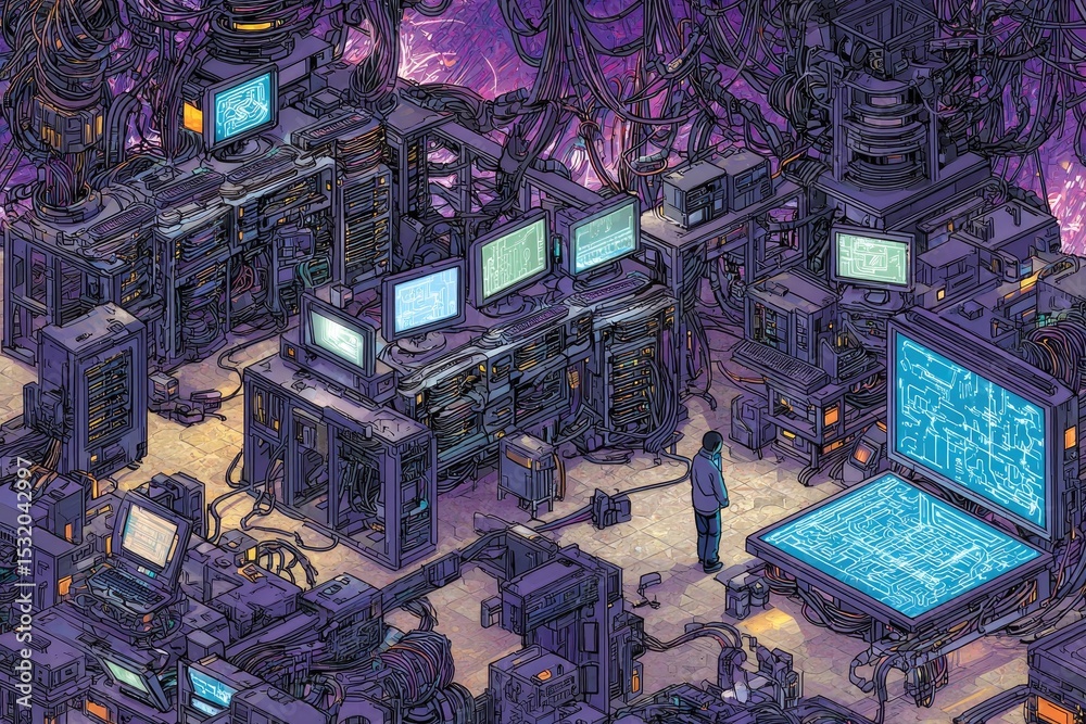 Obraz premium Pixel Art Data Center Interior With Servers And Screens