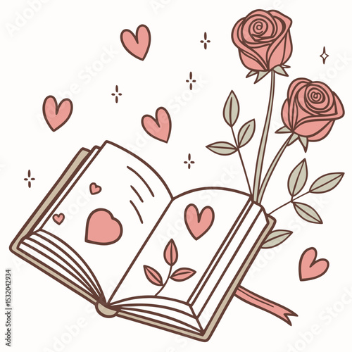 Romantic book clipart with heart shapes and roses