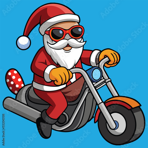 Cool Santa Claus Riding Motorcycle with Sunglasses, Celebrating Christmas Holiday Season