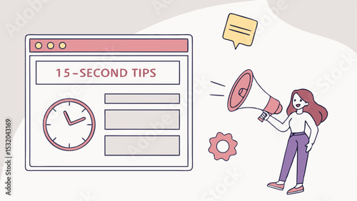 Illustration of a woman with a megaphone next to a screen showing 15 second tips and a clock graphic