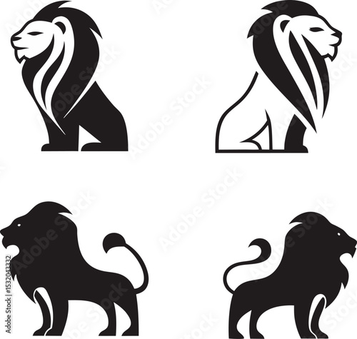 Collection of black and white lion logos perfect for branding and symbolism representing strength and power in vector format