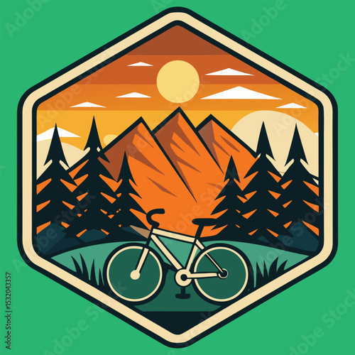 Mountain Bike Adventure Badge Featuring Forest, Mountains, and Sunset Illustration