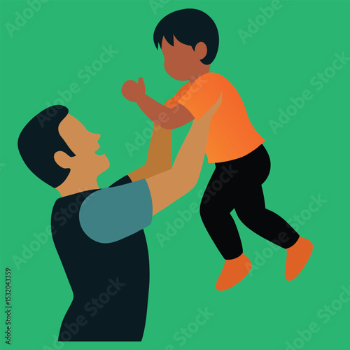 Happy father lifting his son in the air with love illustration