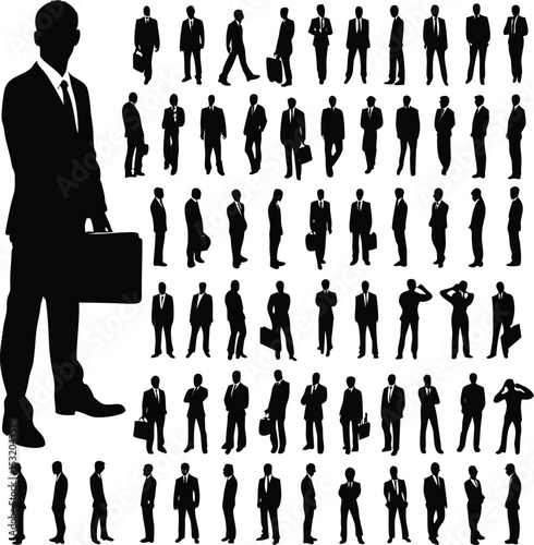 Collection of silhouetted business professionals in various poses representing success and professionalism against a clean white background for versatile design use